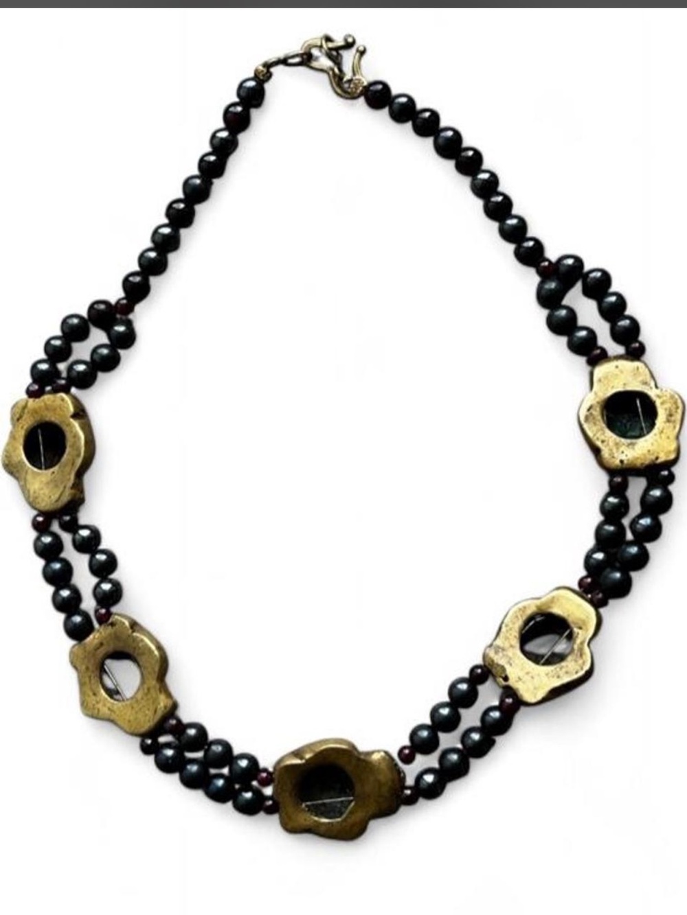 Vintage Pre Colombian Frog Gold Tone Onyx Garnet Beaded Necklace - Picture 15 of 16